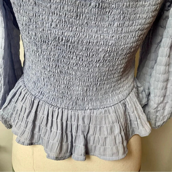 Lush Maria Smocked Peplum Blouse Blue Long Sleeve Size Medium - Picture 13 of 15